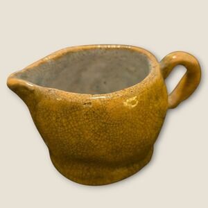 Antique MCM Handmade Ceramic Pitcher 3.5" Yellow Crackle Glaze 1900s Mid Century